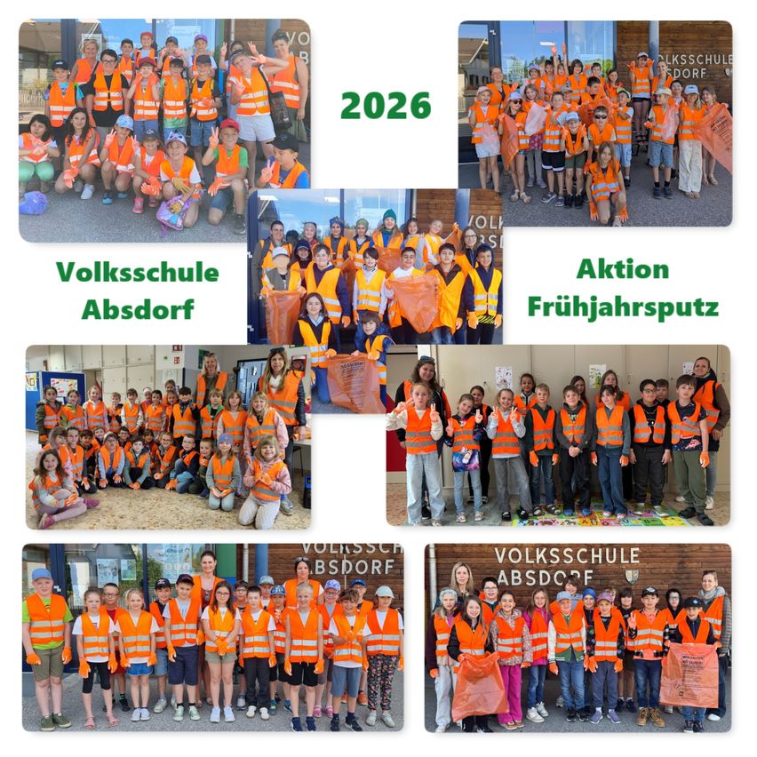 Mehrere Fotos von Kindern in orangefarbenen Weste, die mit Mülltüten posieren, Schilder auf Deutsch und das Jahr 2026. Szenen beinhalten ein Gruppenfoto, Kinder mit Schildern und eine Frau mit Kindern.