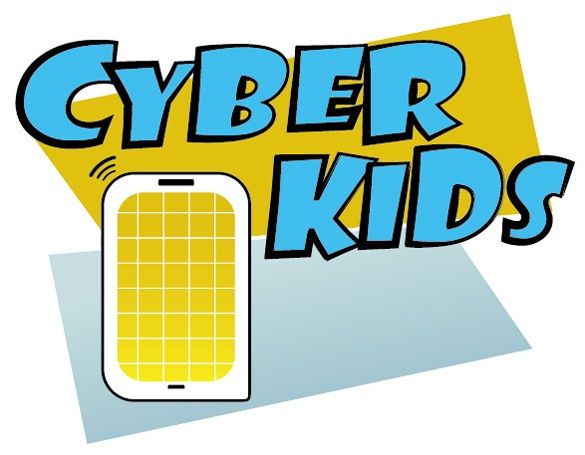 Die Grafik zeigt ein Smartphone mit gelbem Bildschirm auf blauem Hintergrund. Die Worte 'CYBER KIDS' sind in blauen Buchstaben dargestellt.
