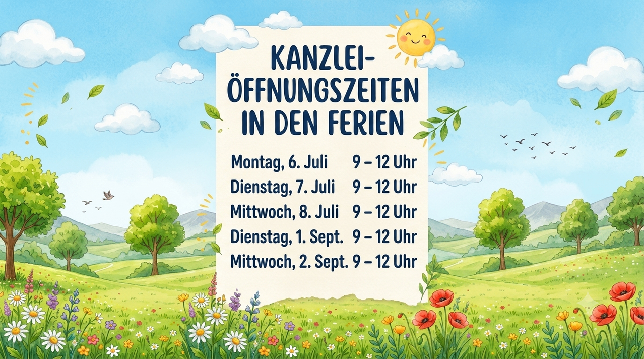 Ein Poster zeigt ein Blumenfeld mit Sonne und Wolken. Es listet Öffnungszeiten für 'Kanzlei' in den Ferien vom 6. Juli bis 2. September auf. Jede Öffnungszeit ist von 9 bis 12 Uhr.