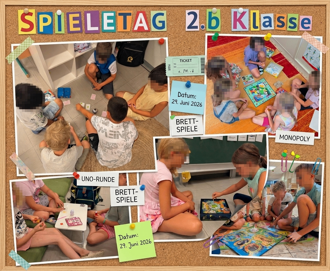 Eine Collage von Kindern, die am 29. Juni 2026 Brettspiele spielen. Die Collage enthält Fotos von spielenden Kindern, mit angehefteten Daten und Spieletiteln wie 'Brett-Spiele'.