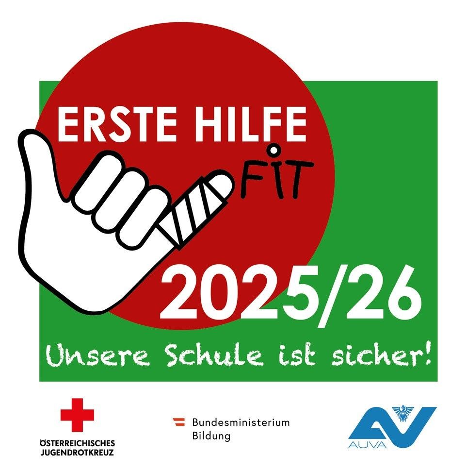 Eine Werbung für Erste Hilfe Fit am 2025/26 mit der Datumszahl in großen Zahlen und einer Hand mit einem Verband am Finger. Der Text ist auf Deutsch.