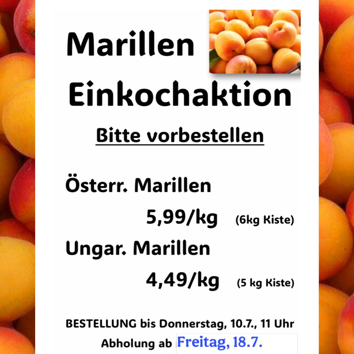 Eine Anzeige für Aprikosen aus Österreich und Ungarn. Die Preise betragen 5,99/kg für österreichische Aprikosen und 4,49/kg für ungarische Aprikosen. Bestellungen bis Donnerstag, 10.7., 11 Uhr. Abholung ab Freitag, 18.7.