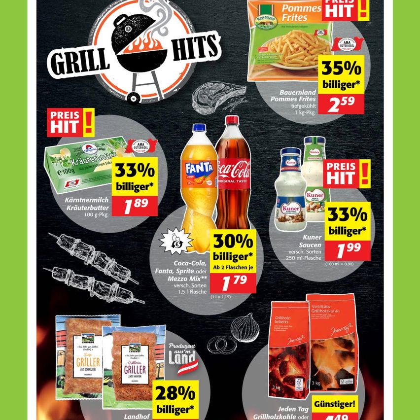 Ein Poster bewirbt Grill Hits mit verschiedenen Produkten auf schwarzem Hintergrund. Produkte umfassen Kärtnerkrautbutter, Coca-Cola, Fanta und Saucen. Preise zeigen Rabatte, wie 33% Rabatt für Kärtnerkrautbutter und 30% Rabatt für Coca-Cola und Fanta. Grillholzkohle bietet 28% Rabatt.