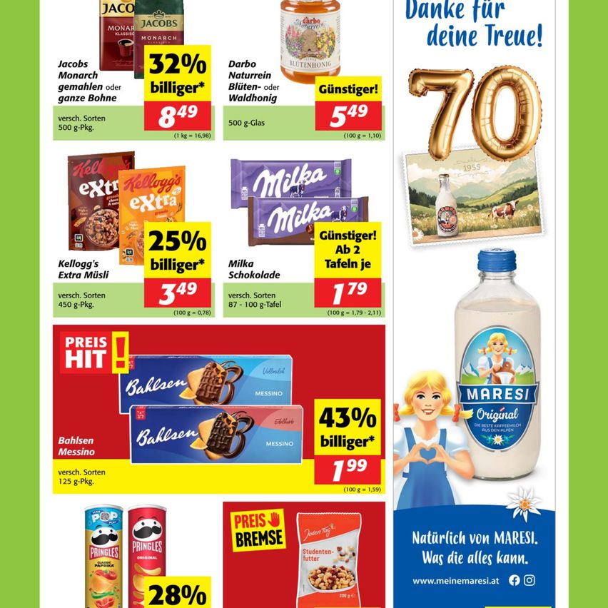 Eine Werbung für verschiedene Produkte wie Cerealien, Schokoladen und Snacks. Es zeigt Rabatte auf Artikel wie Kellogg's Extra Müsli, Milka Schokolade und Bahlsen Messingo Kekse. Preise und Rabatte sind prominent angezeigt.