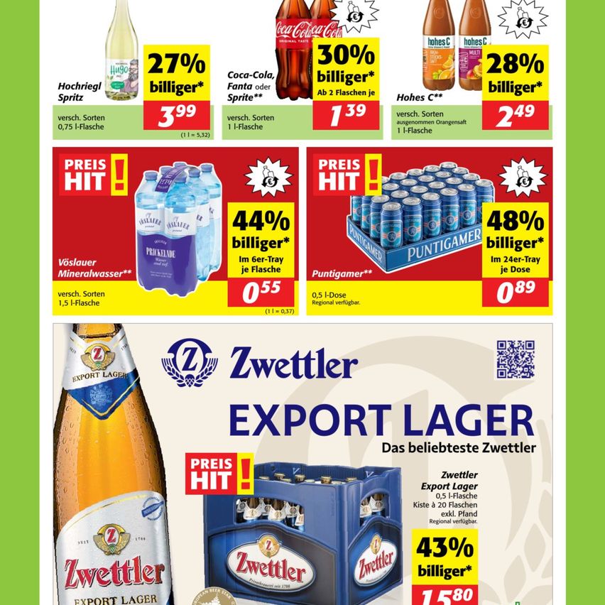 Angebote für Coca-Cola, Fanta und Multi-Hohes C Flaschen mit erheblichen Rabatten. Preishits für verschiedene Produkte wie Zettler Export Lager und Mineralwasser. Sonderangebote für 0,75L Flaschen zu reduzierten Preisen.