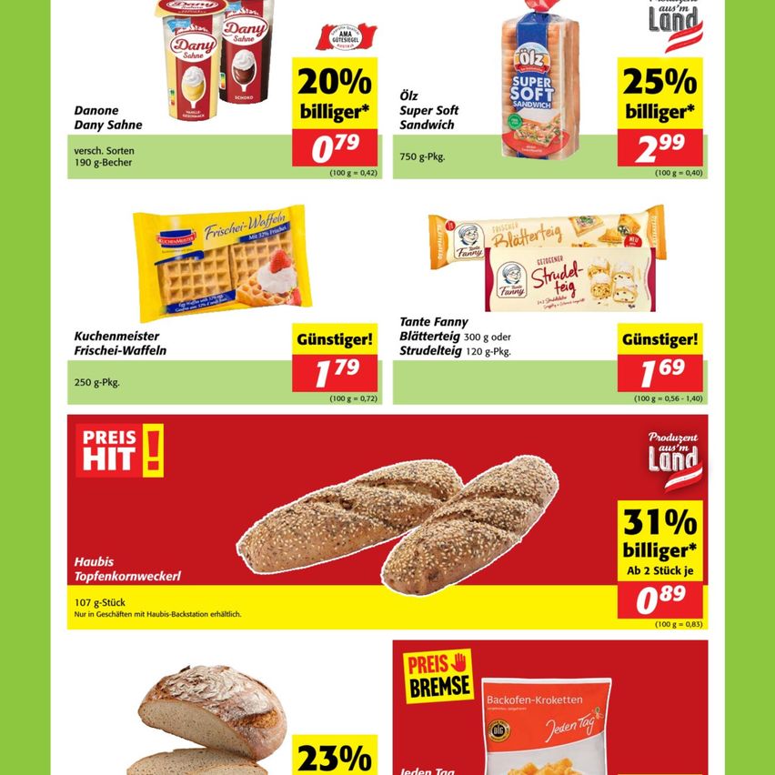 Ein Werbeflyer präsentiert verschiedene Produkte: Danone Joghurt für 0,79, Olz Super Soft Sandwich für 2,99, Küchenmeister Waffeln für 1,79 und Backofen-Kroketten für 0,89. Sonderangebote beinhalten 25% Rabatt auf ausgewählte Artikel und 31% Rabatt beim Kauf von zwei Stück.