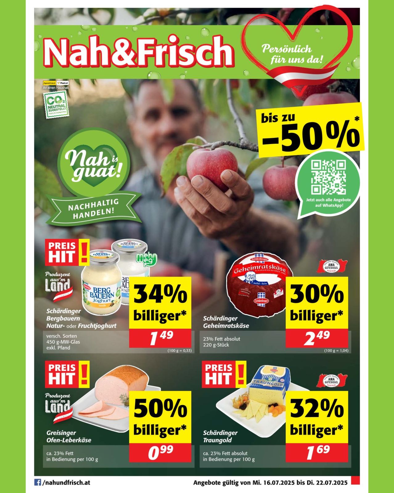 Werbeposter für Nan&Frisch mit einem Mann, der einen Apfel hält. Angebote beinhalten Rabatte bis zu 50%. Rabatte gelten für verschiedene Produkte wie Joghurt, Käse und Schinken. Das Poster betont einen grünen, umweltfreundlichen Ansatz.