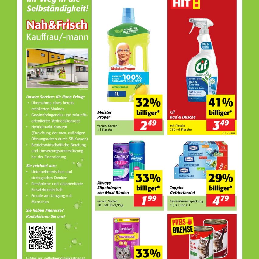 Plakat für Nah&Frisch Kauffrau/mann bietet Dienstleistungen für den Ladenbetrieb, einschließlich Marktmanagement, Warenorientierung und Unterstützung für den Hybrid-Ladenkonzept. Sonderrabatte auf Produkte wie Cif, always und Toppits werden beworben. Kontaktinformationen und ein QR-Code sind angegeben.
