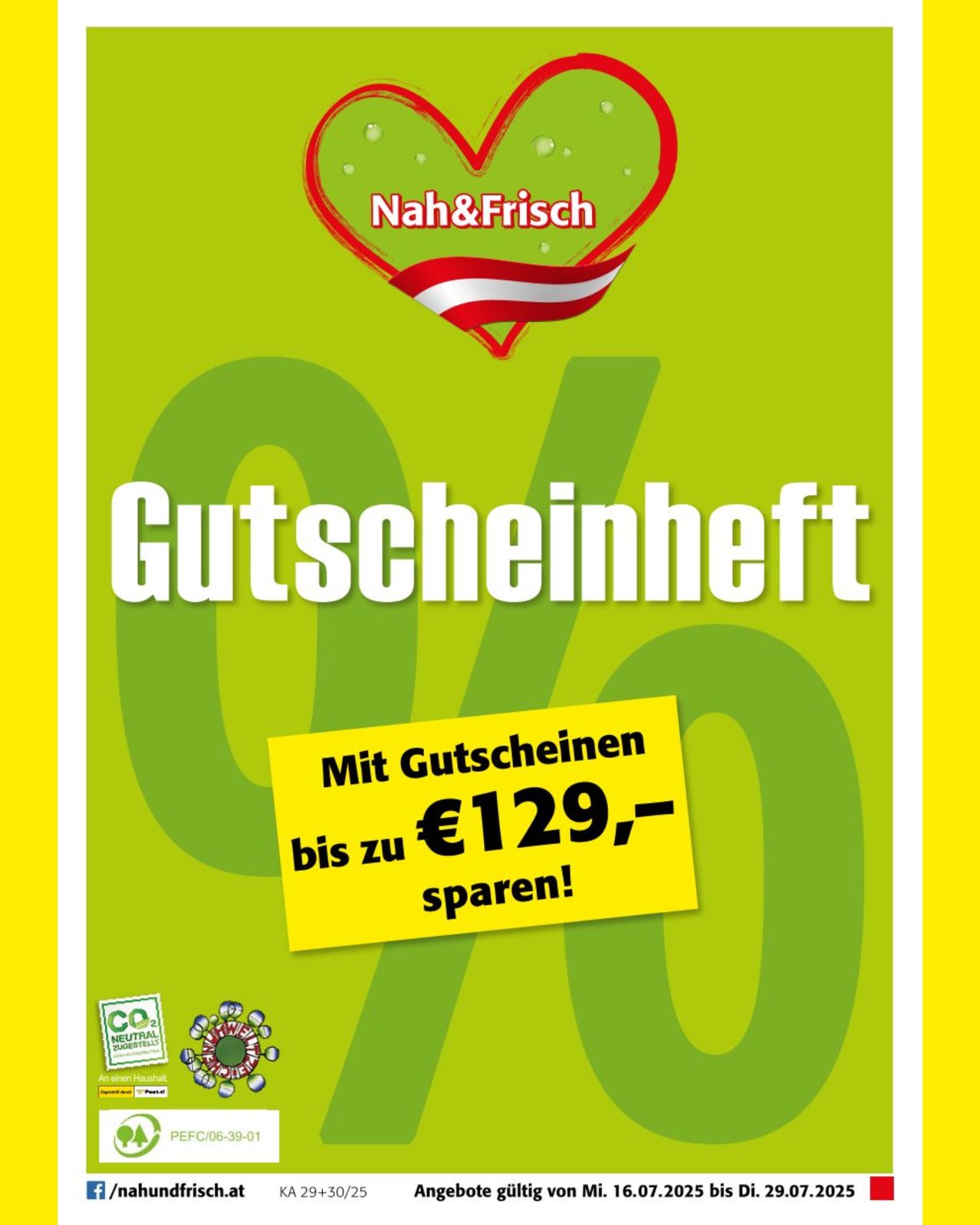 Ein grünes und gelbes Poster mit einem Herz und dem Text 'Gutscheinheft'. Es steht 'Mit Gutscheinen bis zu €129- sparen!'. Es gibt einen gelben Aufkleber mit einem grünen Kreis und dem Text 'CO2 neutral'.