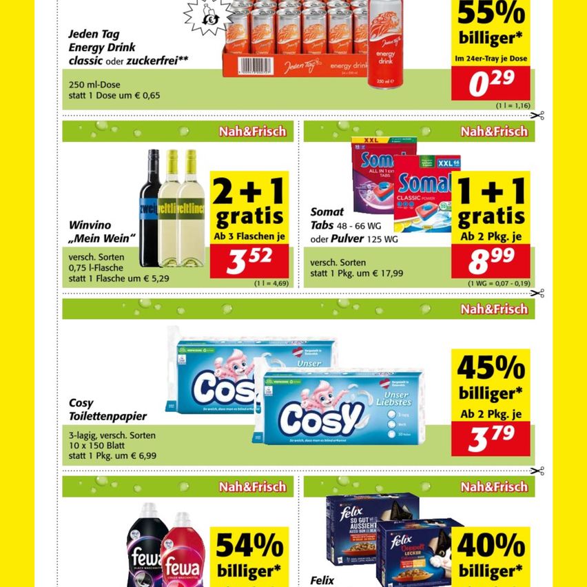 Ein Flyer mit verschiedenen Produkten. Es enthält einen Energy Drink, Wein, Waschmittel, Toilettenpapier und Katzenfutter. Preise und Rabatte sind prominent angezeigt.