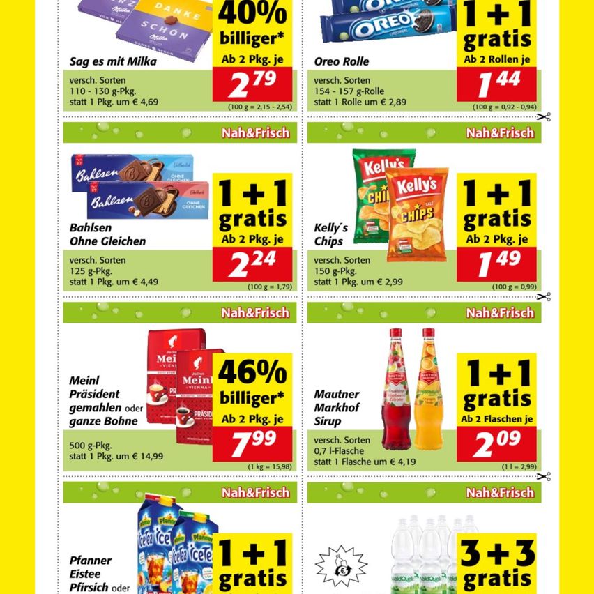 Rabatt-Flyer mit verschiedenen Produkten. Beinhaltet eine Schokoladen-Aktion, eine Cracker-Aktion, eine Kaffee-Aktion und eine Saft-Aktion. Jedes Produkt hat ein Angebot von 2 kaufen, 1 gratis bekommen. Preise aufgeführt.