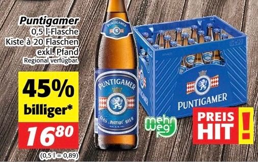 Ein Bild einer Puntigam-Bierflasche mit einem Rabattangebot. Die Flasche hat ein blaues Etikett mit einem Löwenemblem. Der Preis beträgt 16,80 und es ist 45% günstiger.