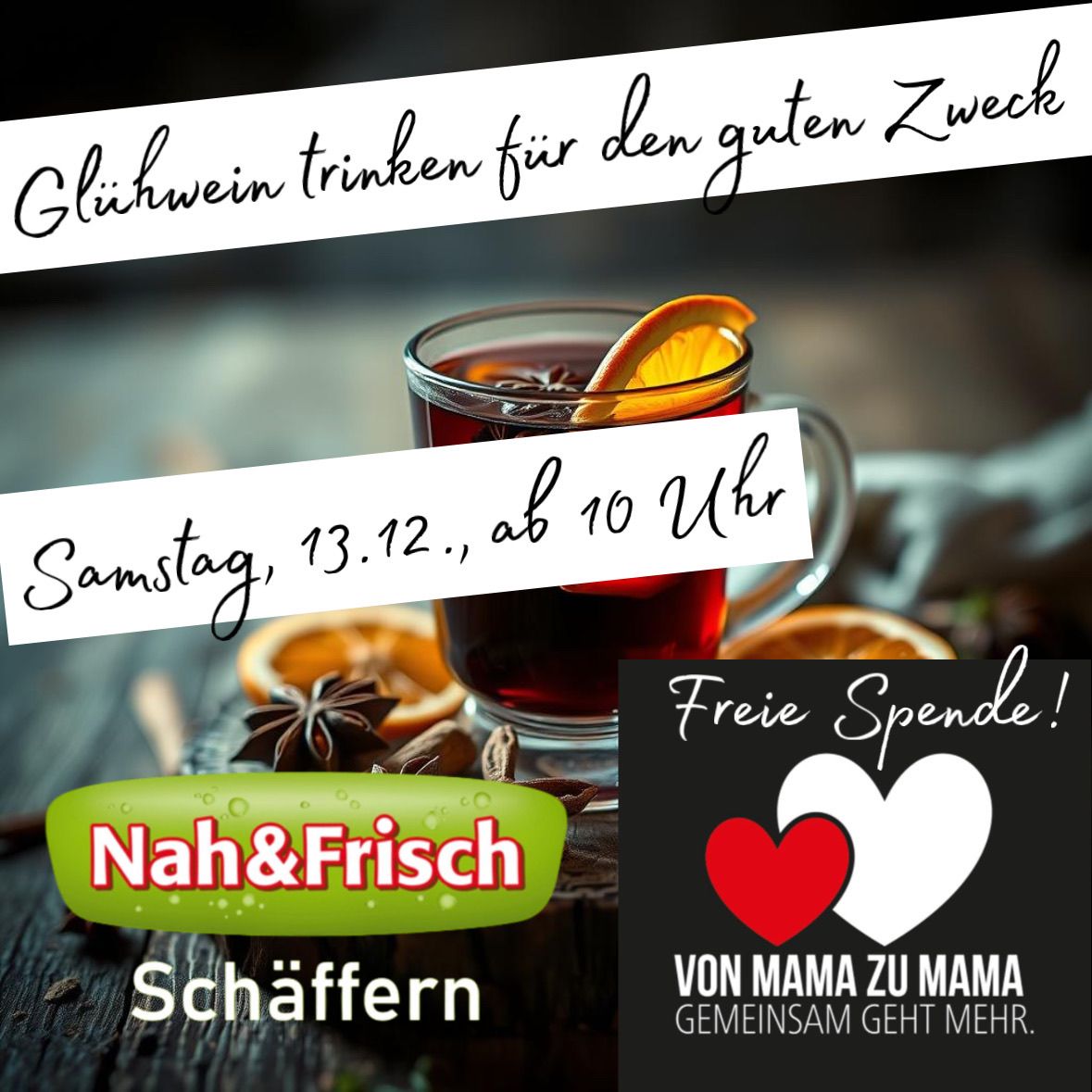 Ein Werbeplakat für eine Glühweintrinken-Veranstaltung. Das Plakat zeigt ein Glas Glühwein mit einer Orangenscheibe auf einem Holztisch.