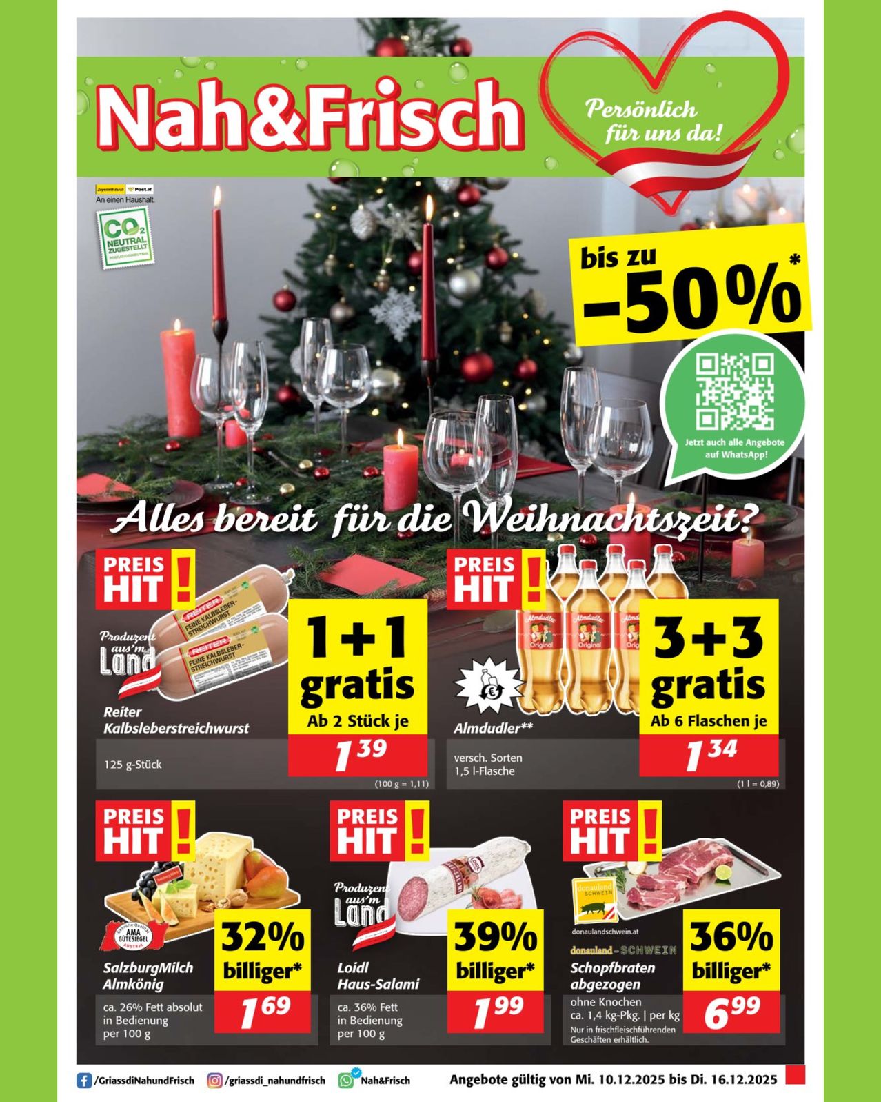 Christmas sale advertisement with a Christmas tree, wine glasses, and candles. Offers include '1+1 gratis' for certain items and '3+3 gratis' for another set. The ad highlights discounts up to 50%. QR code for further information.
