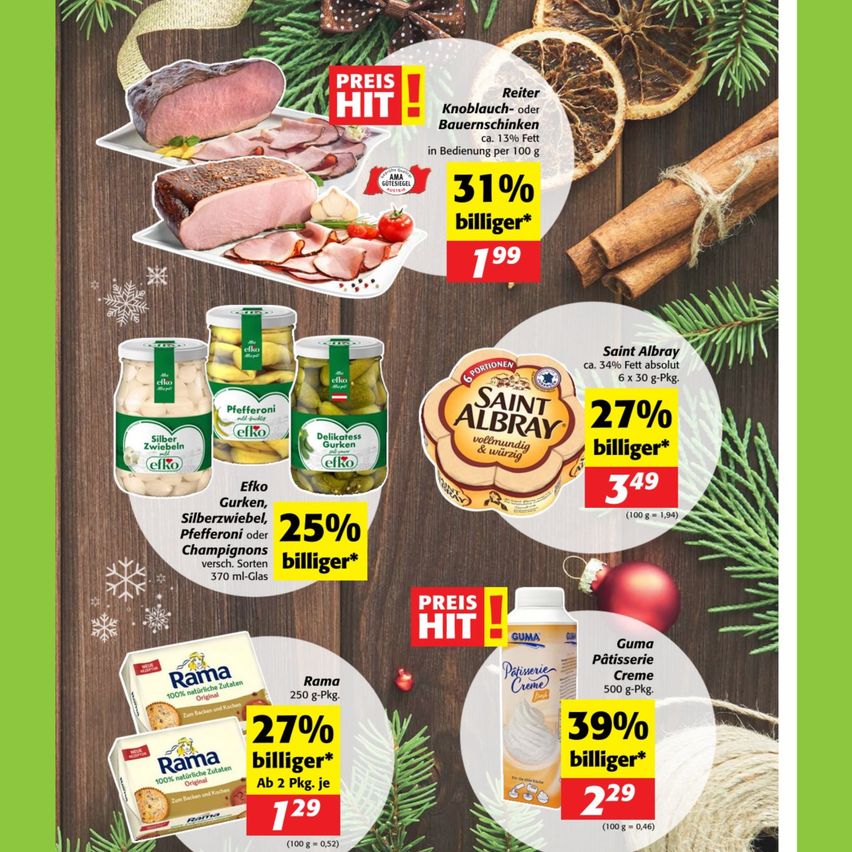 Promotional poster featuring various products like ham, pickles, cheese, and cream. Ham has a 31% discount. Pickles offer a 25% discount. Cheese has a 27% discount. Cream offers a 39% discount. All discounts apply per 100g.