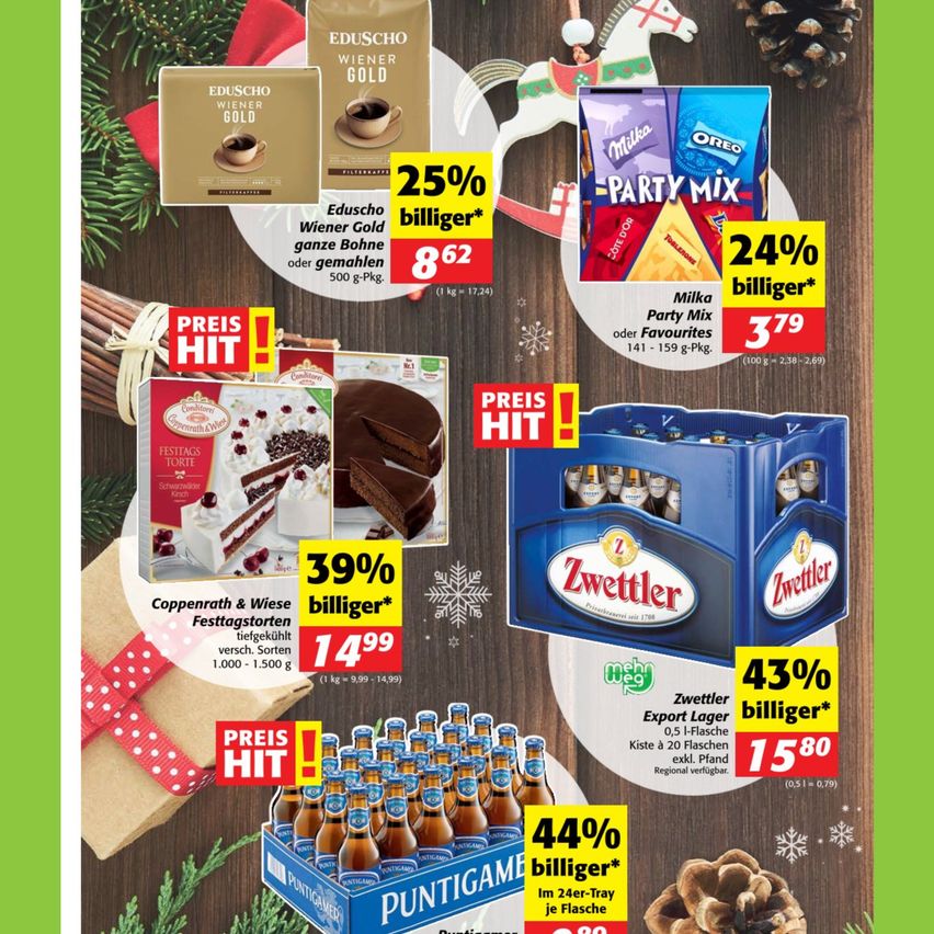 An advertisement for various products with discounts, including coffee, cake, and beer. Eduscho Wiener Gold coffee is 25% cheaper, priced at 8.62 euros. Festtagstorte is 39% cheaper, priced at 1.49 euros. Zwettler Export Lager is 43% cheaper, priced at 1.58 euros.