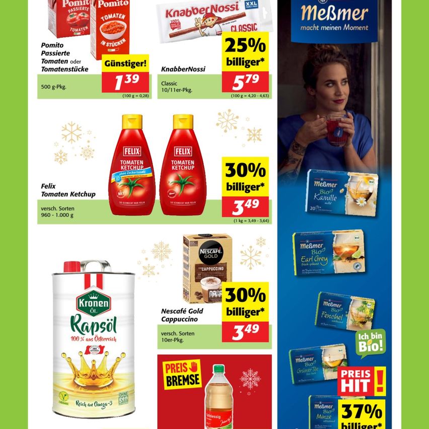 An advertisement for various food products. It features discounts on tomato paste, ketchup, and other items. The products are shown with their prices and discounts. A woman is also featured in the ad, drinking tea.