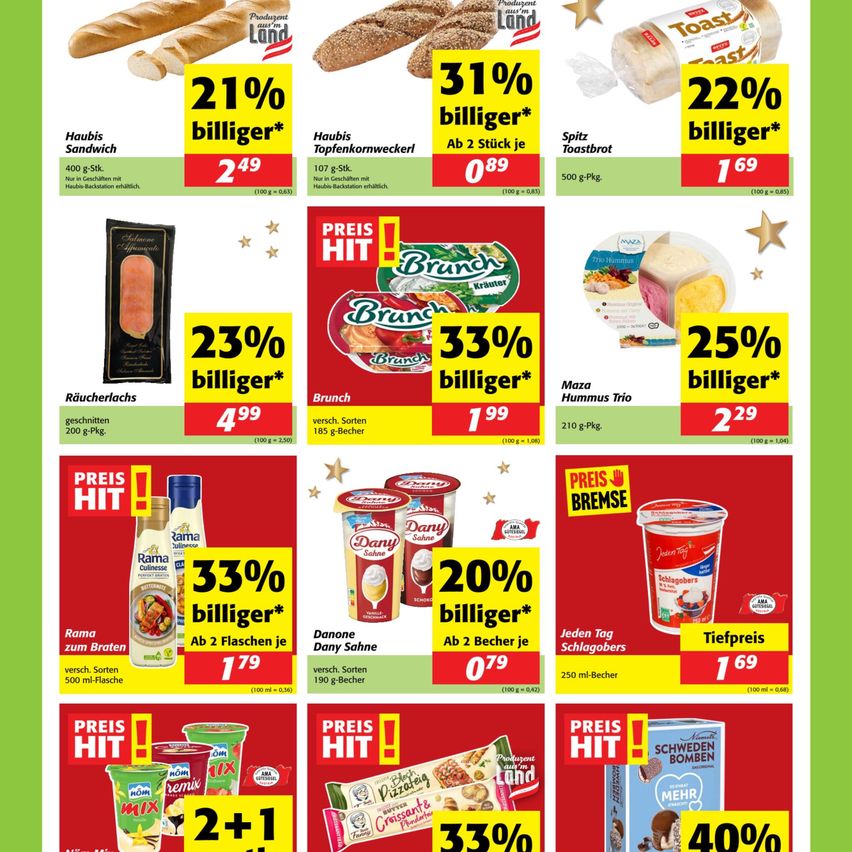 Werbeanzeige für verschiedene Lebensmittel. Produkte umfassen Sandwiches, Cerealien, Saucen und Joghurt. Rabatte bis zu 40%. Preise reichen von 0,79 bis 4,99. Alle Produkte kommen mit Werbeaktionen.