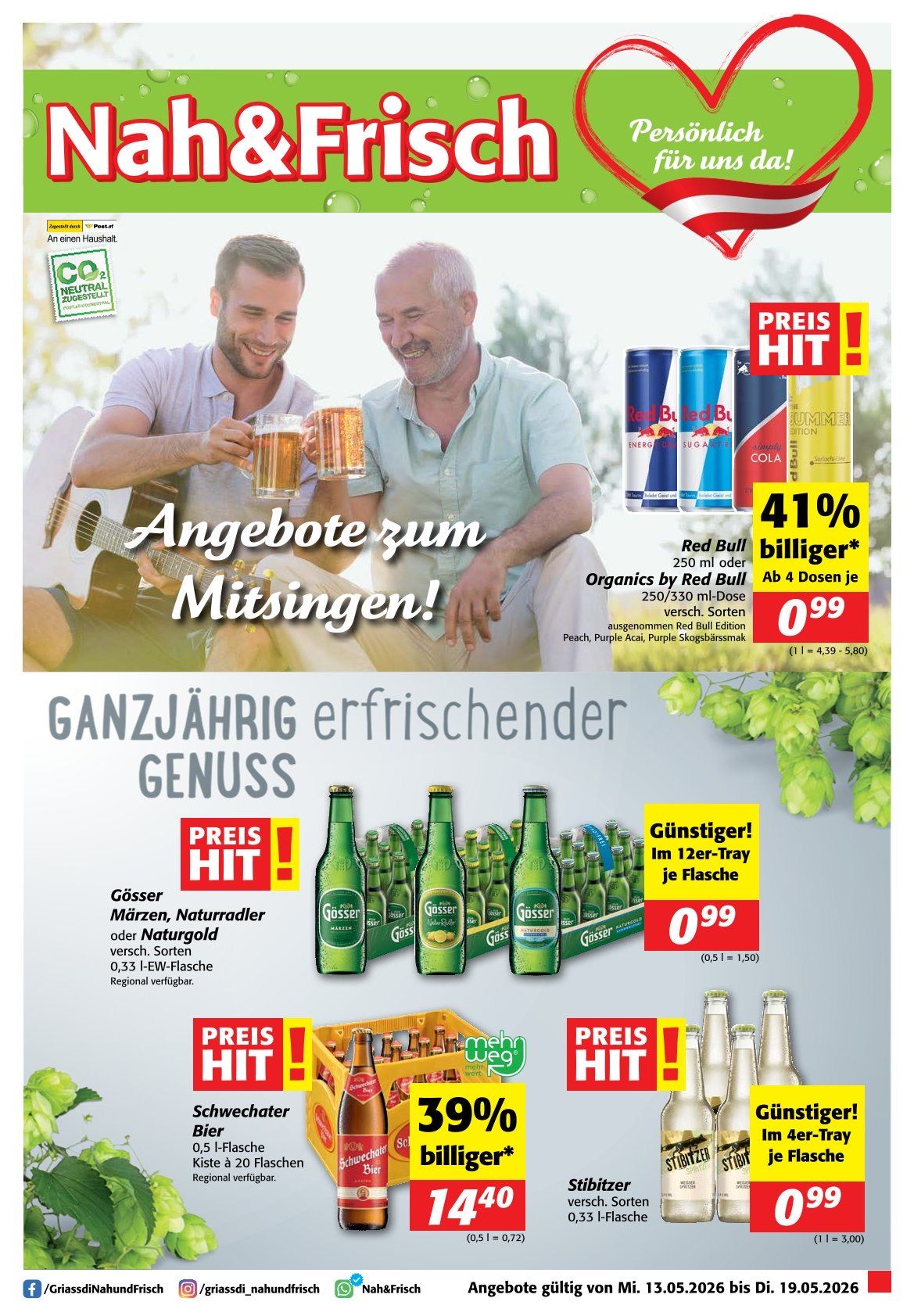 Werbeanzeige für ein Getränk mit zwei Männern, von denen einer Bier und der andere Gitarre hält. Es bietet ein ganzes Jahr erfrischender Getränke zu einem niedrigeren Preis. Die Anzeige enthält Rabatte und Angebote für Red Bull und Gösser.