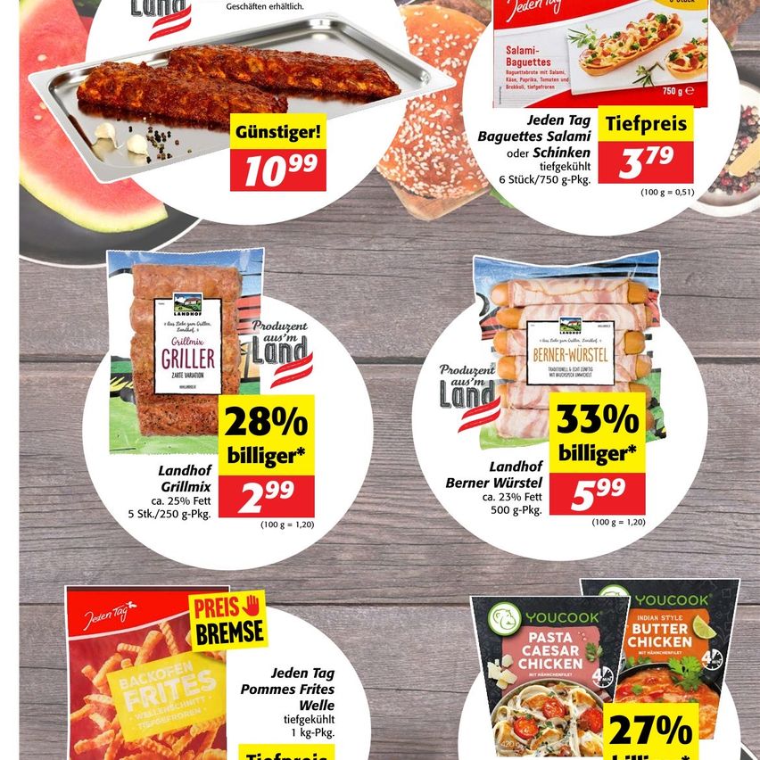 Rabatte auf Fleischprodukte wie 28% günstigerer Landhof Grillmix und 33% günstigere Berner Wurstel. Tägliche Tiefpreise auf Backofen Frites und Butter Chicken. Sonderangebote für Produkte wie Salami Baguettes und Tiefpreis-Produkte.
