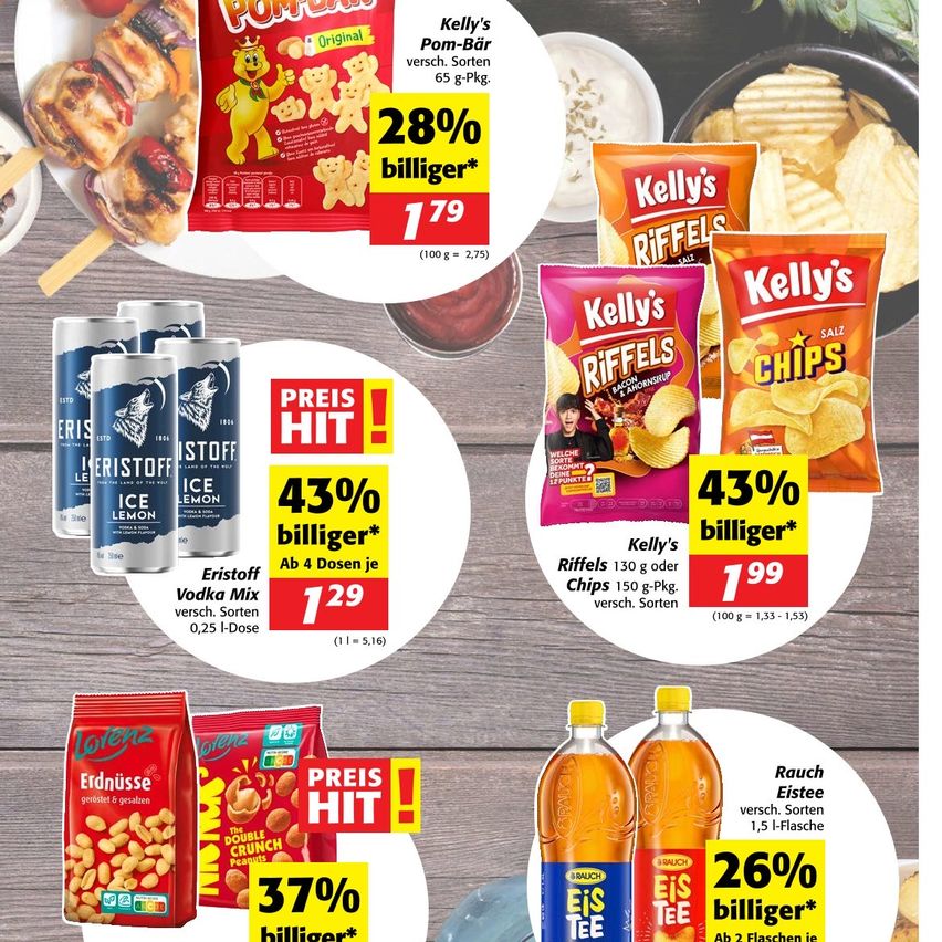 Das Bild zeigt verschiedene Lebensmittel- und Getränkeprodukte mit Preisnachlässen. Es enthält eine Packung Popcorn, Kartoffelchips, Wodka-Mix, Erdnüsse und Saftflaschen. Jedes Produkt zeigt einen prozentualen Preisnachlass und den neuen reduzierten Preis an.
