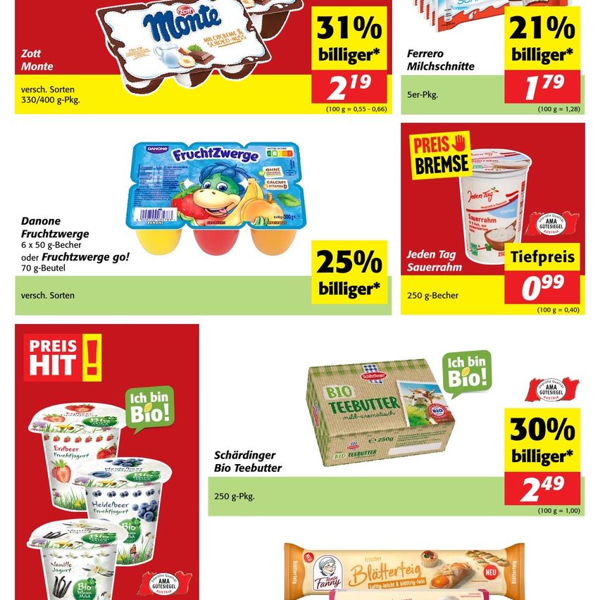 Werbeanzeige für Monte Zott Milchprodukte. Rabattangebote beinhalten 31%, 25% und 30% Rabatt. Verschiedene Produkte werden mit ihren Preisen und Rabatten vorgestellt.