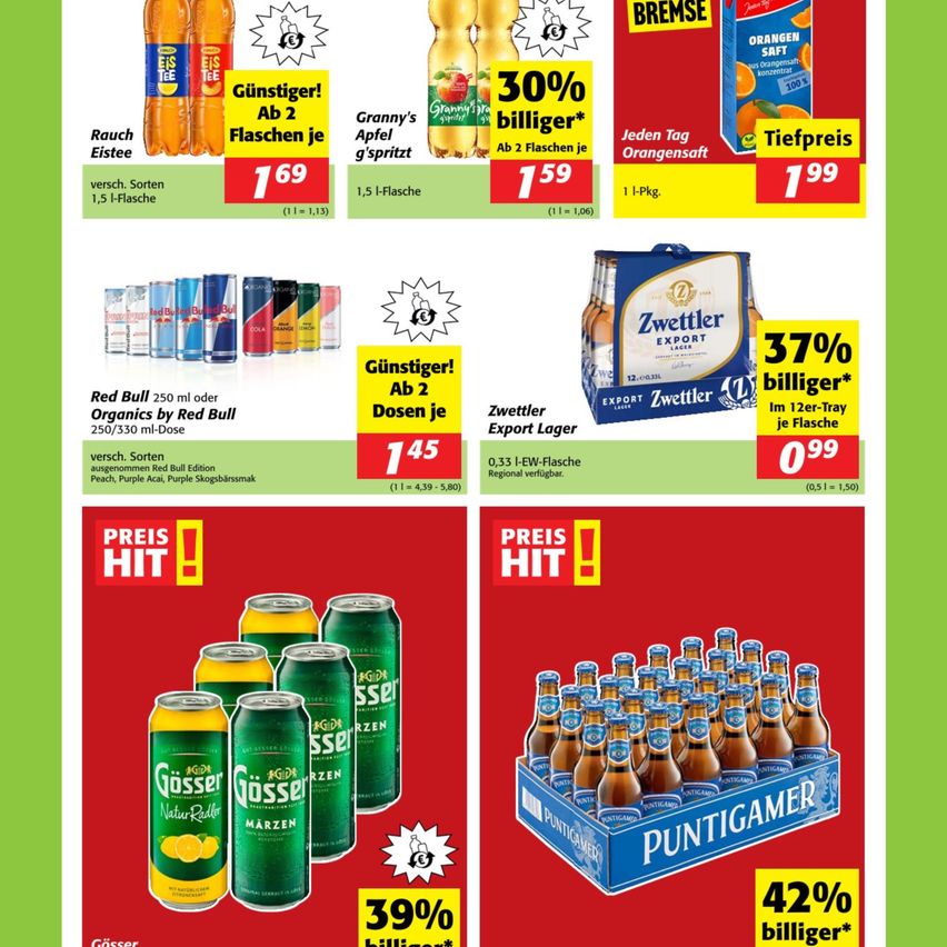 Advert shows special deals for various beverages: 2 for 1.99 euros for Eistee, 30% off for Granny's Apfelschorle, 37% off for a 12-pack of Zwettler Export Lager, and 42% off for a case of Puntigamer beer.