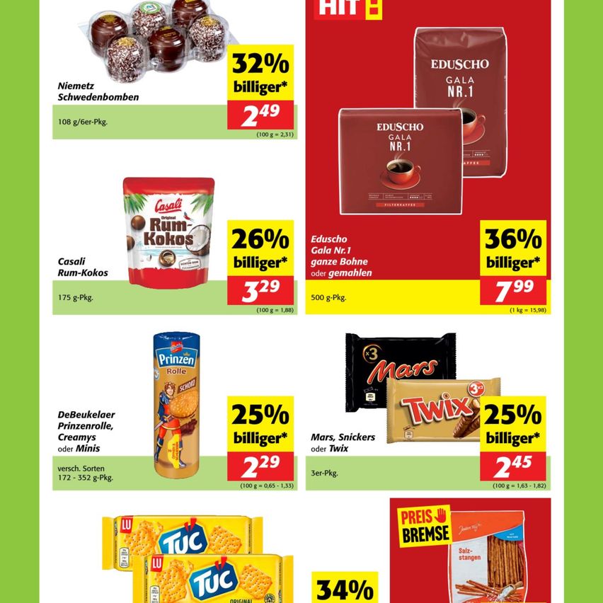 Advertisement for various products with discounts. Includes Niemetz Swedish Bombs, Eduscho Gala Coffee, Casali Rum-Kokos, DeBeukelaer Prinsenrolle cookies, Mars, Snickers, Twix, and Salz-stangen pretzels. Each product shows its name, discount percentage, and price.