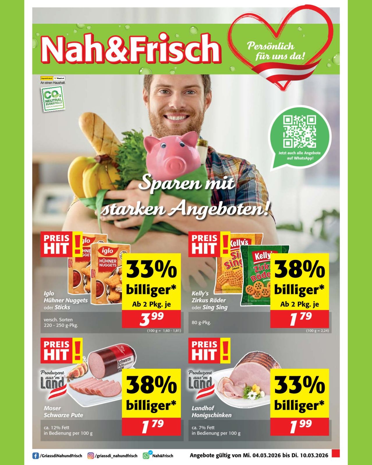 Nan&Frisch advertisement featuring a man holding food items and a piggy bank. Offers include 33% and 38% discounts on various products. QR code is present for additional information.