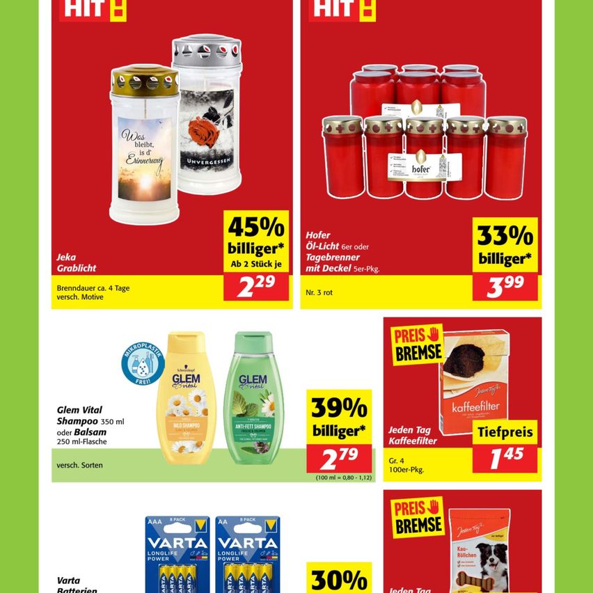 Das Bild zeigt einen Flyer mit verschiedenen rabattierten Produkten. Es gibt zwei Arten von Gedenkkerzen, eine mit einem Rabatt von 45% und die andere mit 33%. Unten sind zwei Arten von Shampoo, eine mit einem Rabatt von 39% und die andere mit einem niedrigen Preis. Zuletzt gibt es zwei Packungen Batterien, eine mit einem Rabatt von 30%.