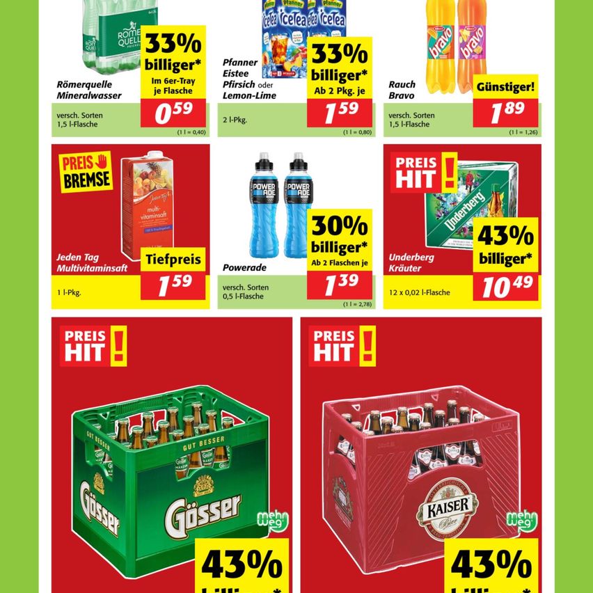 Werbeanzeige mit verschiedenen Produkten und Rabatten. Oben links: Mineralwasserflaschen mit 33% Rabatt. Oben rechts: Pfirsich- oder Zitronen-Lime-Säfte mit 33% Rabatt. Unten links: Gösser Bierkisten mit 43% Rabatt. Unten rechts: Kaiser Bierkisten mit 43% Rabatt.