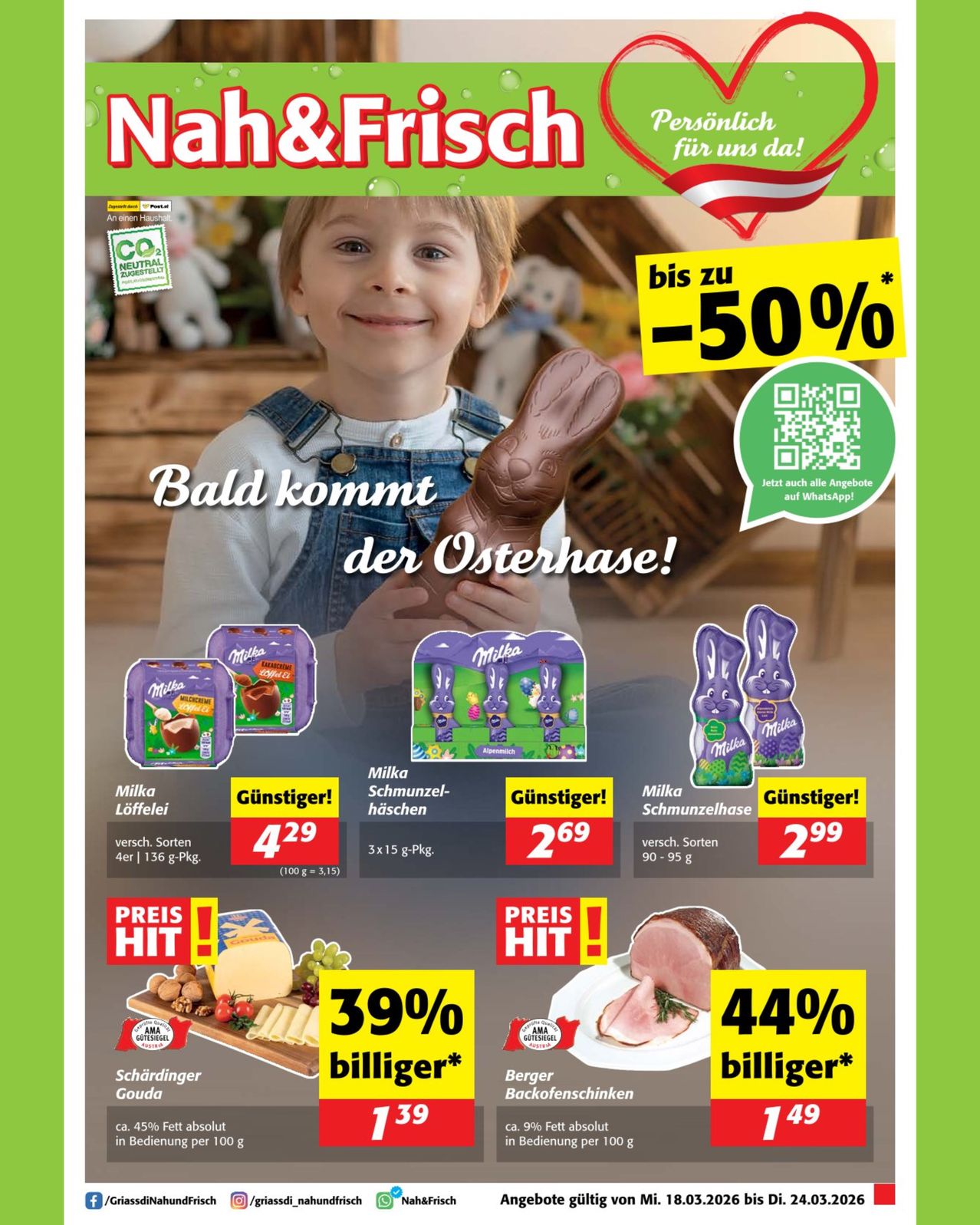 Werbeflyer für Nan&Frisch mit einem Kind, das einen Schokoladenosterhasen hält. Rabatte bis zu 50% auf verschiedene Produkte, einschließlich Schokoladenostern, Käse und Schinken. Ein QR-Code ist für WhatsApp verfügbar.