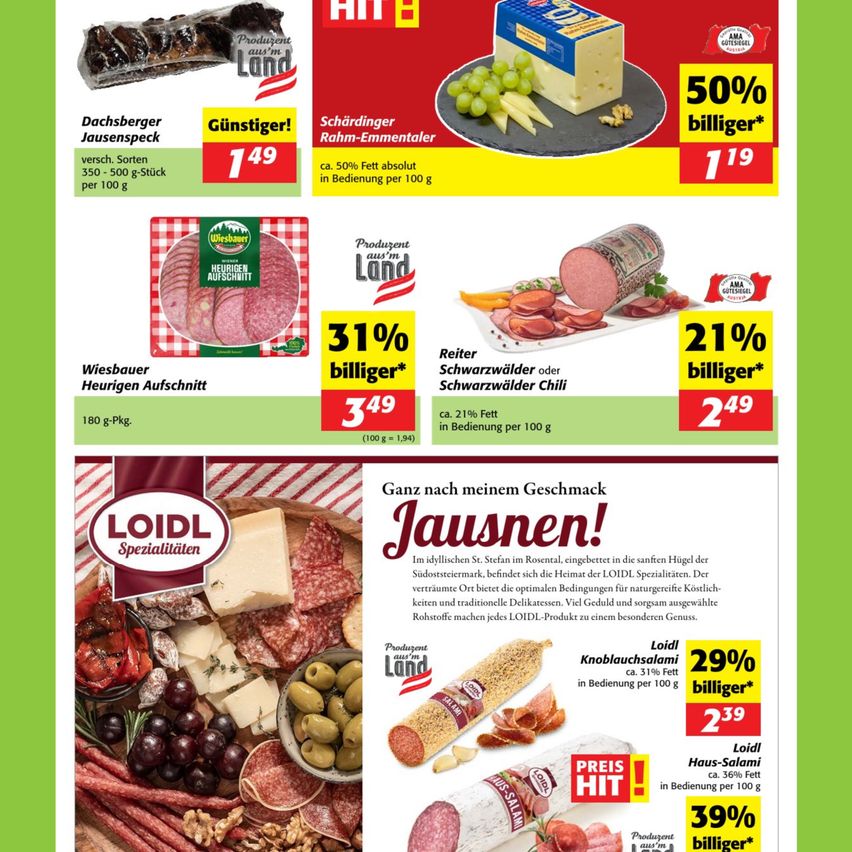 Eine Werbung für verschiedene Fleischprodukte, einschließlich Wurst und Salami, zeigt verschiedene Angebote und Rabatte. Es enthält Bilder von Fleisch und Gemüse sowie Preis- und Rabattdetails.