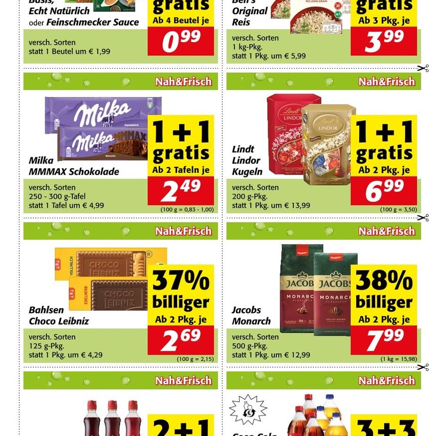 Werbeflyer mit verschiedenen Produkten. Bereich für 'Bus, Natürlich Oder Feinschmecker Sauce' mit einem Angebot von 1 Flasche für 1,99 Euro. Bereich für 'Original Reis' mit einem Angebot von 1 kg für 5,99 Euro. Bereich für 'Milka MMAX Schokolade' mit einem Angebot von 2 Riegel für 4,99 Euro. Bereich für 'Lindt Lindor Kugeln' mit einem Angebot von 200g für 13,99 Euro. Bereich für 'Bahlsen Choco Leibniz' mit einem Angebot von 125g für 4,29 Euro. Bereich für 'Jacobs Monarch' mit einem Angebot von 500g für 12,99 Euro.