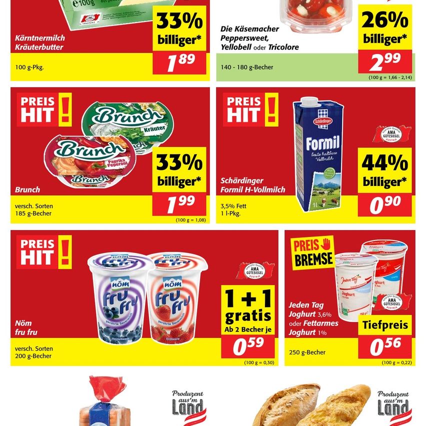 Ein Werbeflyer für Milchprodukte, der Rabatte auf verschiedene Artikel wie Milch, Joghurt und Käse anbietet. Der Flyer enthält Bilder der Produkte und deren Preise.