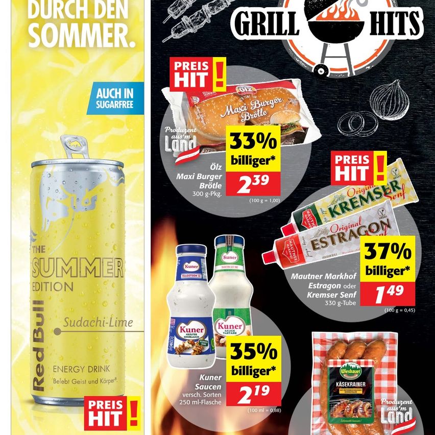 Werbung für eine Sommeredition eines Energydrinks, mit einer Dose Red Bull Sudachi-Lime und einem Burger mit einem Preisschild von 2,39 Euro.