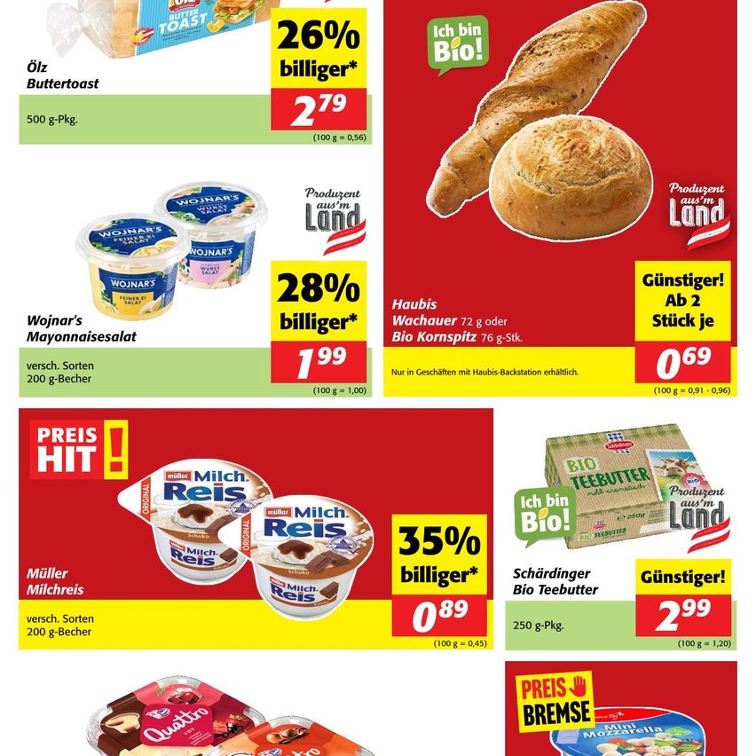 Aktion verschiedener Lebensmittel, einschließlich Buttertoast, Mayonnaisesalat, Milchdessert und Butter. Es werden verschiedene Rabatte angeboten, wie 26% Rabatt auf Buttertoast, 28% Rabatt auf Mayonnaisesalat und 35% Rabatt auf Milchdessert. Spezialpreisschilder werden bei jedem Artikel angezeigt.