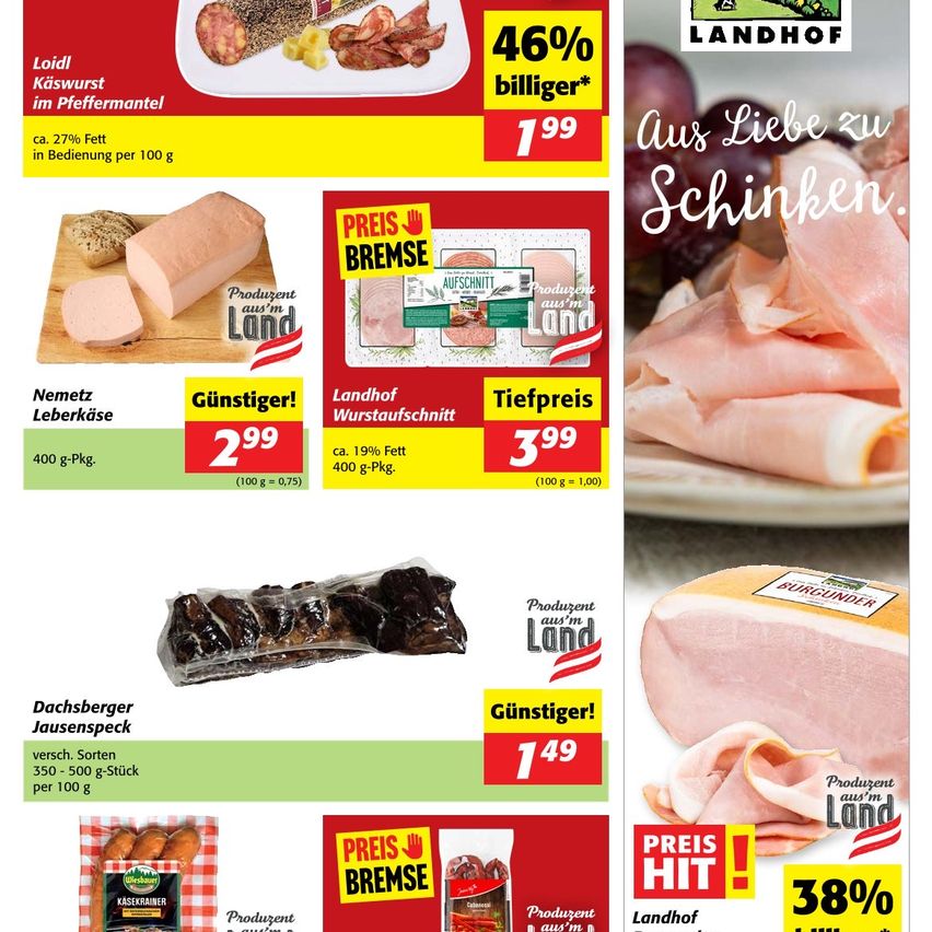 Eine Werbung für Landhof-Produkte zeigt verschiedene Fleischsorten mit Preisschildern und Rabatten. Es werden Produkte wie Leberkase, Wurstaufschnitt und Burgunder mit ihren jeweiligen Preisen und Fettgehalten hervorgehoben. Es gibt auch Angebote wie 46% günstiger und einen Preishit.