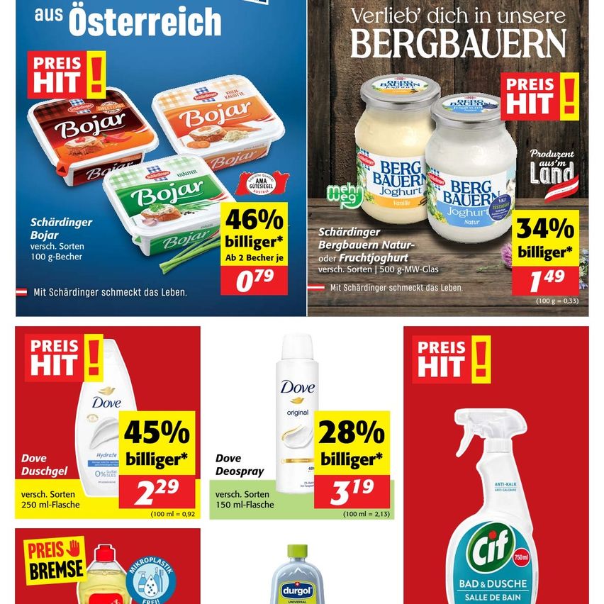 Eine Werbung mit vier Produkten: Bojar, Bergbauern, Dove und Cif. Bojar zeigt einen 46% Rabatt, Bergbauern zeigt einen 34% Rabatt. Dove hat zwei Produkte mit 45% und 28% Rabatt und Cif hat ein Produkt mit Rabatt.