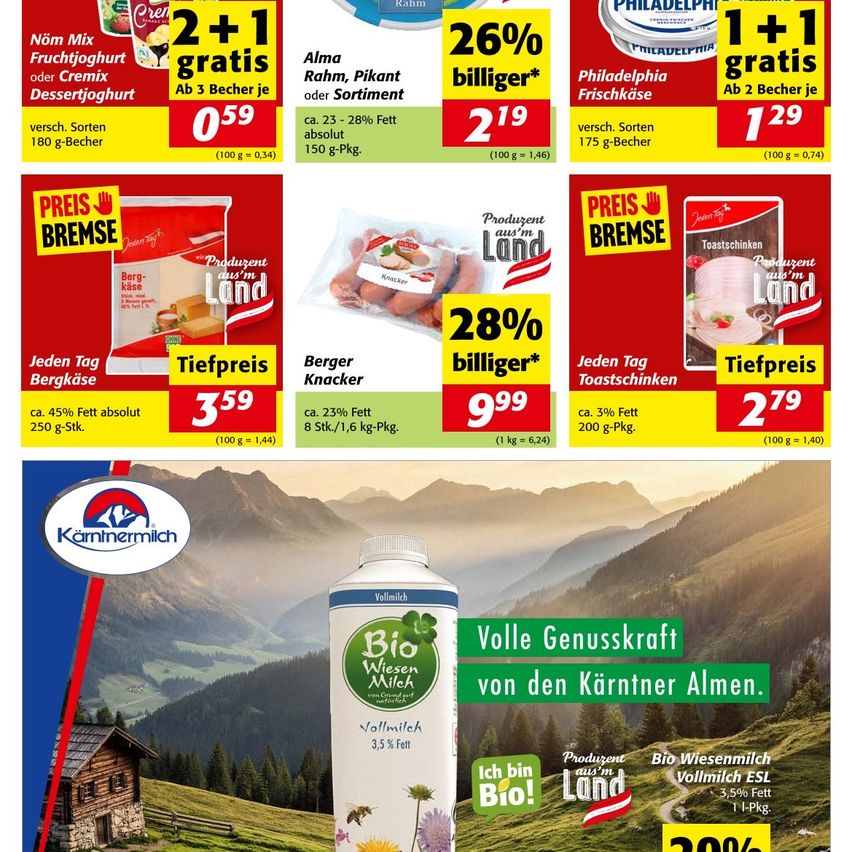 Werbeflyer für verschiedene Milchprodukte. Es zeigt Joghurts, Käse und Milch. Hervorgehobene Angebote sind '2+1 gratis' für Sahnejoghurt und '1+1 gratis' für Philadelphia Frischkäse. Preise und Angebote sind prominent angezeigt.