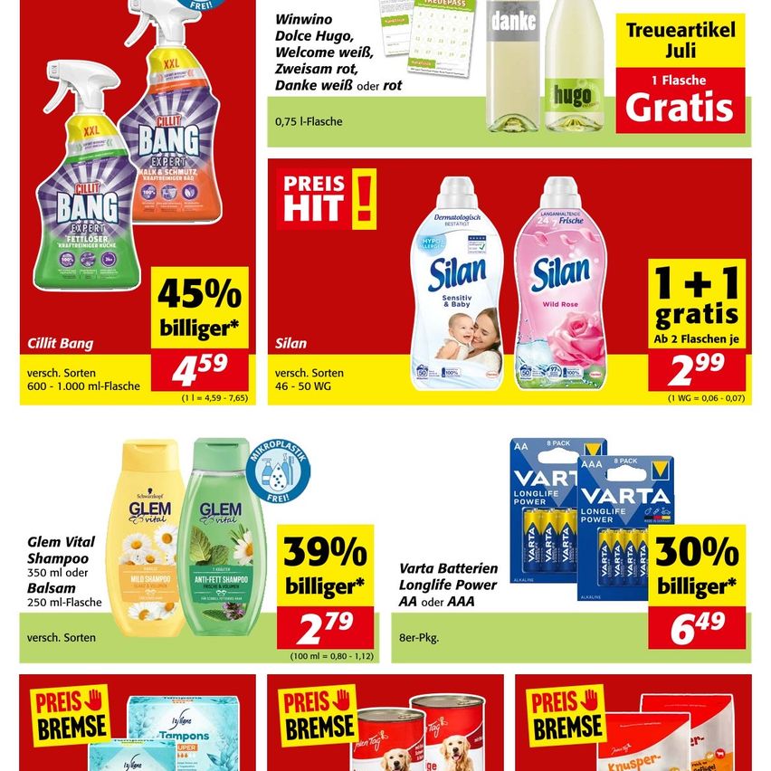 Werbung für Reinigungsprodukte und Haushaltsartikel, einschließlich Rabatte. Cilit Bang Reiniger und Silen-Waschmittel werden mit Preisen und Rabatten vorgestellt. Glem Shampoo und Balsam sowie Varta-Batterien sind ebenfalls im Angebot.