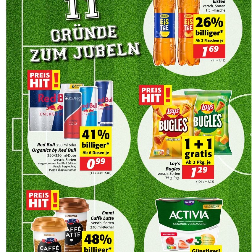 A promotional poster featuring a sports field background with various products including Red Bull, Lay's Bugles, and Caffè Latte. The poster highlights discounts and special offers such as '26% cheaper' and '48% cheaper'.