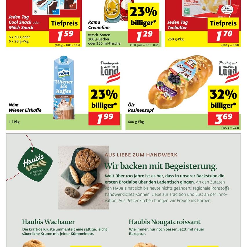 An advertisement for a milk snack, featuring a milk carton with a price tag of 1.59, and a cream cheese with a price tag of 1.29. Another product is a loaf of bread with a price tag of 3.69.