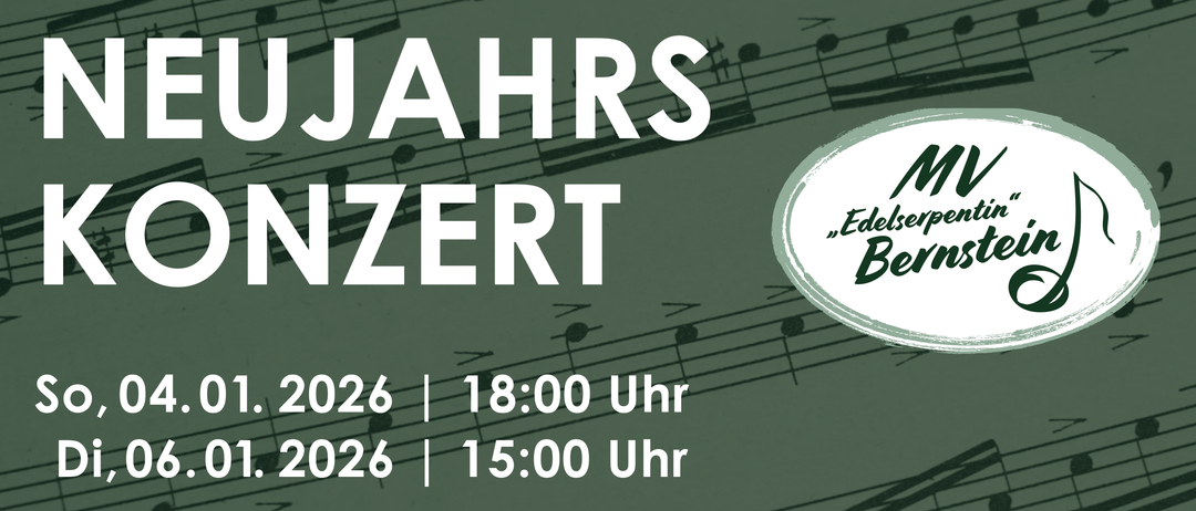 Ein Veranstaltungsposter mit Musiknoten. Es steht 'JAHRS ENZERT 2026 | 18:00 Uhr 2026 | 15:00 Uhr Eintritt: Freie Spender MS Bernstein Musikalische Leitung'. Die Daten sind 2026, mit Zeiten 18:00 und 15:00.