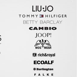 Das Bild zeigt eine Sammlung von Modemarkenlogos. Oben ist 'LIU JO' prominent dargestellt. Darunter befindet sich eine Reihe von Logos, darunter 'TOMMY,' 'HILFIGER,' 'BETTY BARCLAY,' 'CAMBIO,' 'JOOP' und 'MOS MOSH.' Im unteren Bereich steht 'TILHAUS MODE' mit zusätzlichen Logos wie 'rich&royal,' 'ECOALF,' 'Burlington' und 'FALKE GERMANY 1895.'