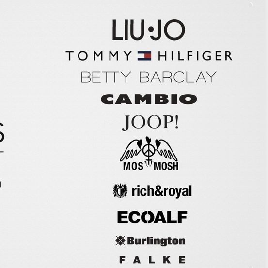 Das Bild zeigt eine Sammlung von Modemarkenlogos. Oben ist 'LIU JO' prominent dargestellt. Darunter befindet sich eine Reihe von Logos, darunter 'TOMMY,' 'HILFIGER,' 'BETTY BARCLAY,' 'CAMBIO,' 'JOOP' und 'MOS MOSH.' Im unteren Bereich steht 'TILHAUS MODE' mit zusätzlichen Logos wie 'rich&royal,' 'ECOALF,' 'Burlington' und 'FALKE GERMANY 1895.'