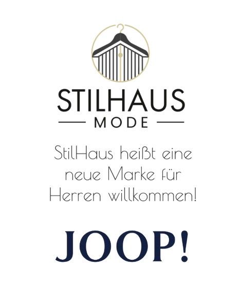 StilHaus Mode Logo mit einem Kleiderbügel in einem Kreis und dem Text StilHaus Mode, der eine neue Marke für Männer begrüßt. Unten steht das Wort JOOP! in Blau.