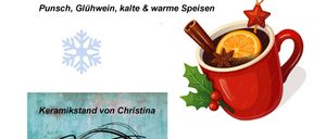 Werbeplakat für einen Weihnachtsmarkt. Datum ist 05.12.2025. Beginn um 17:00 Uhr. Ort ist im Park vor der Kirche. Angeboten werden Glühwein, Punsch und kalte und warme Speisen. Ein Keramikstand von Christina Bleier wird ebenfalls erwähnt.