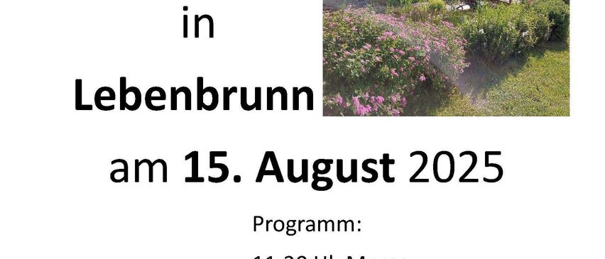 Einladung zum Teichfest in Lebenbrunn am 15. August 2025. Das Programm beginnt um 11:30 Uhr mit einer Messe, danach gibt es ein Grillfest auf dem Dorfplatz. Das Grillen findet bei Schlechwetter im Feuerwehrhaus statt.