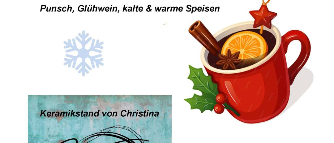 Plakat für eine Weihnachtsveranstaltung am 5. Dezember 2025 um 17:00 Uhr im Park vor der Kirche. Es bietet Punsch, Glühwein, kalte und warme Speisen und einen Keramikstand von Christina Bleier.